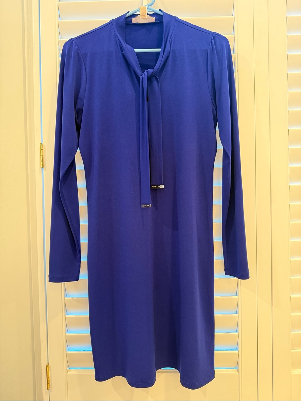 Michael Kors Long-Sleeve Tie-Neck Shift Dress in Cobalt Blue Sz S
